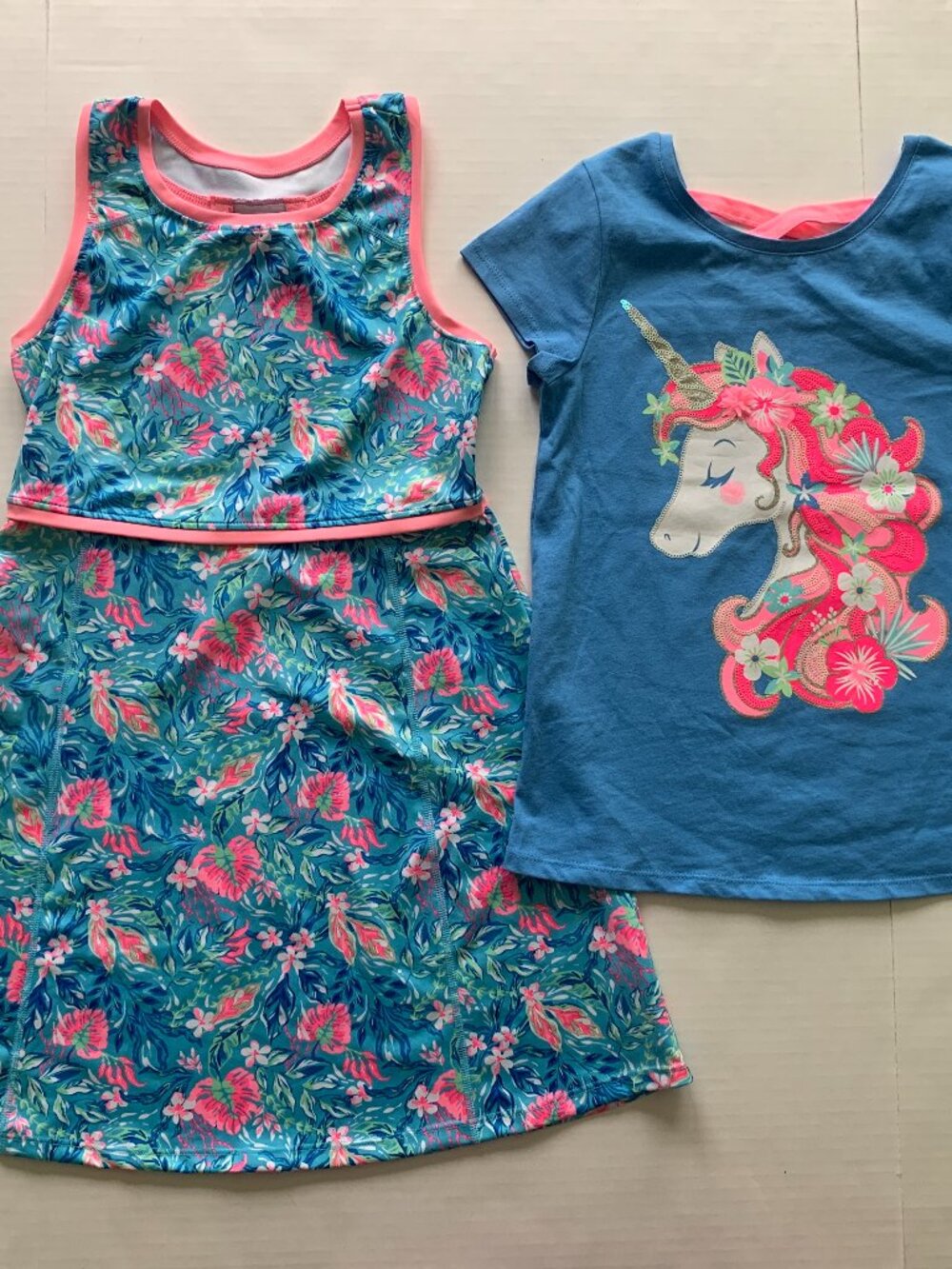 Tommy Bahama Girls L 10-12 Active Dress + Unicorn Tee Tropical Floral Beach Lot